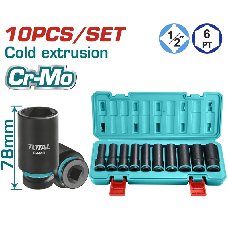 Total tools 10 Pcs 1/2" deep impact socket set 10 : 24 mm  - THKISD12102L