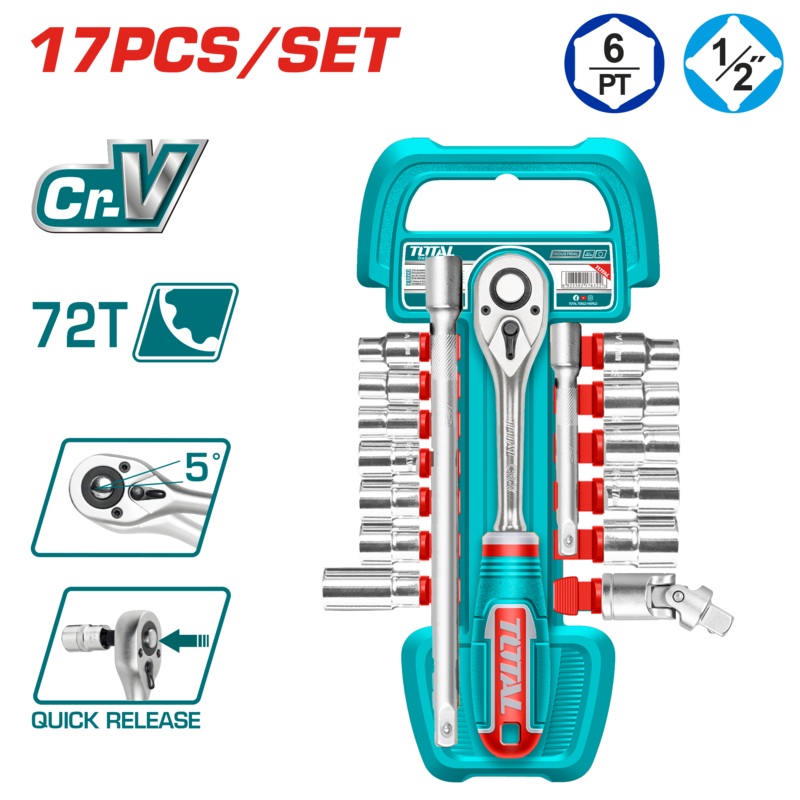 Total tools 17 Pcs 1/2" socket set 10 : 24 mm  - THT121171