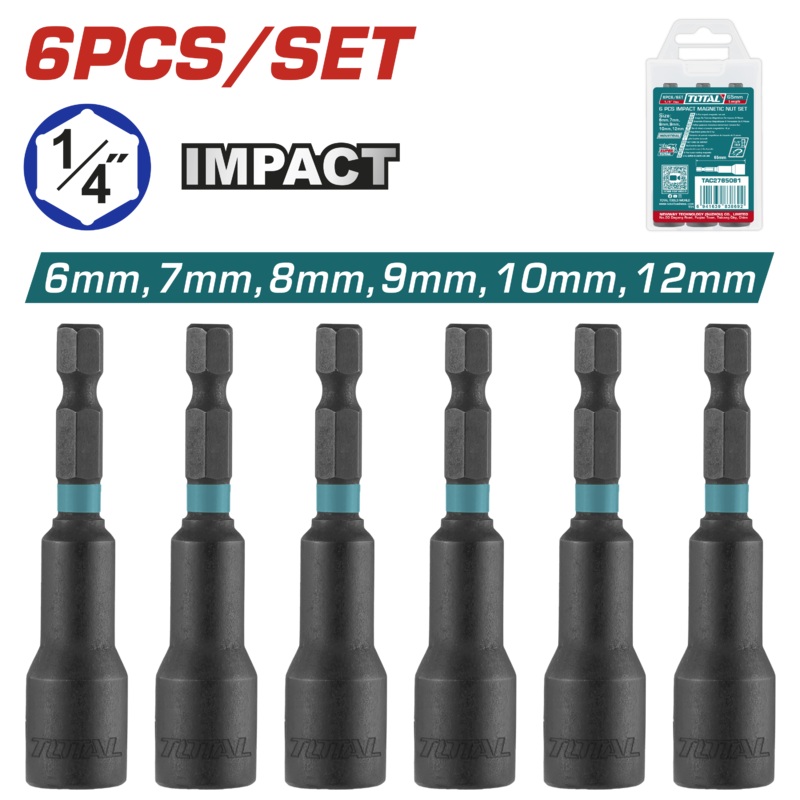 Total tools 6 Pcs impact magnetic nut set 1/4 inch 6 : 12 mm  -TAC2765061