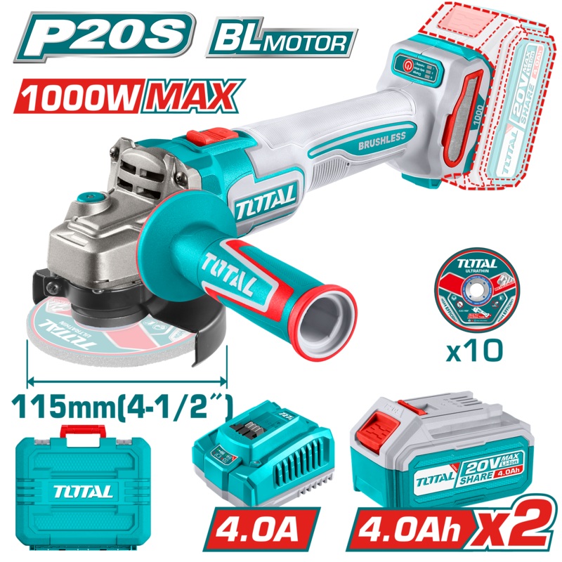 Total tools Brushless Cordless angle grinder 20 V -  4.5" + 2 battery and charger 1000W MAX  - TAGLI271532