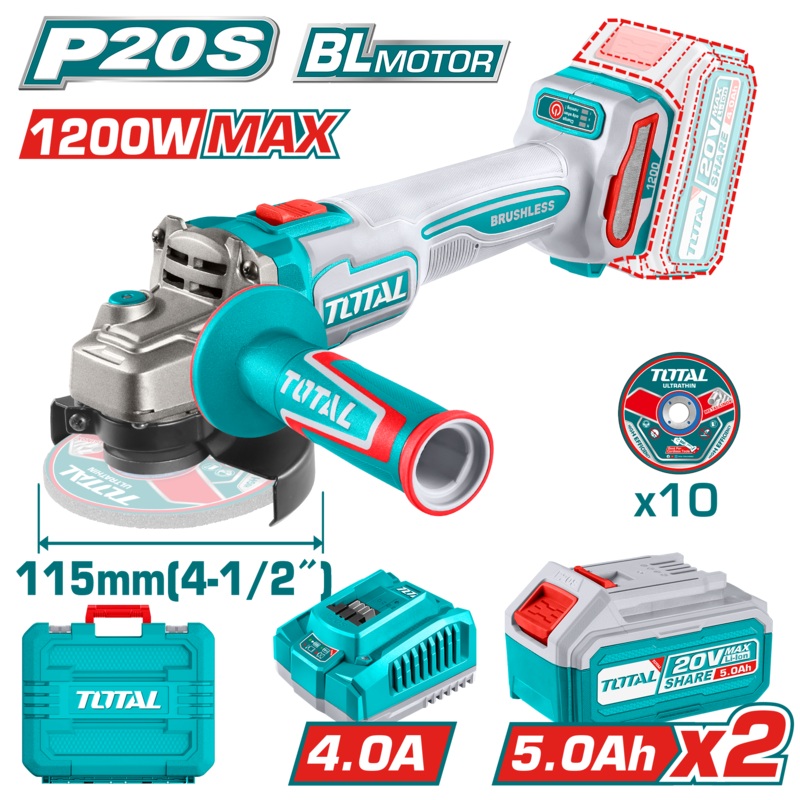 Total tools Brushless Cordless angle grinder 20 V -  4.5" + 2 battery and charger 1200W MAX  - TAGLI2211532