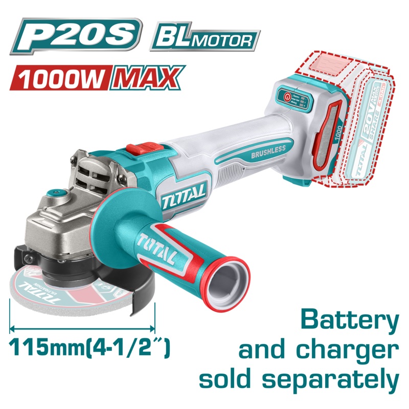 Total tools Brushless Cordless angle grinder 20 V -  4.5" without battery and charger 1000W MAX  - TAGLI27153