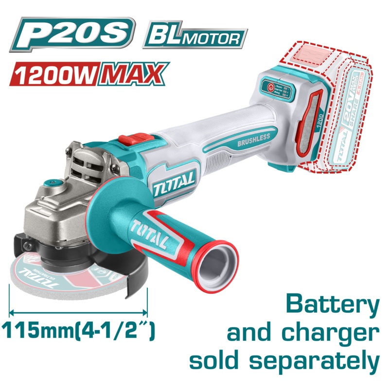 Total tools Brushless Cordless angle grinder 20 V -  4.5" without battery and charger 1200W MAX  - TAGLI221153