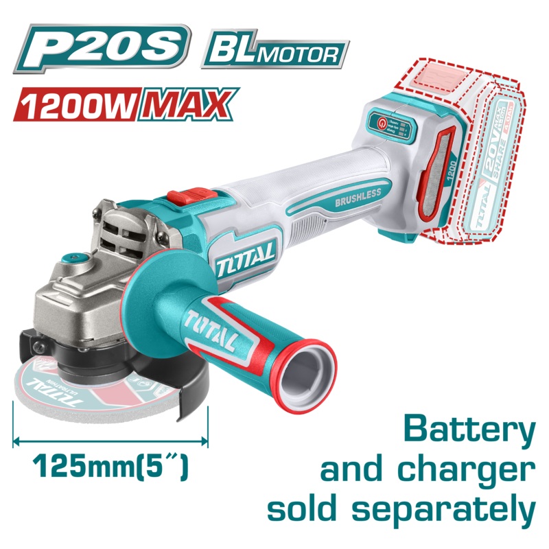 Total tools Brushless Cordless angle grinder 20 V -  5" without battery and charger 1200W MAX  - TAGLI221253