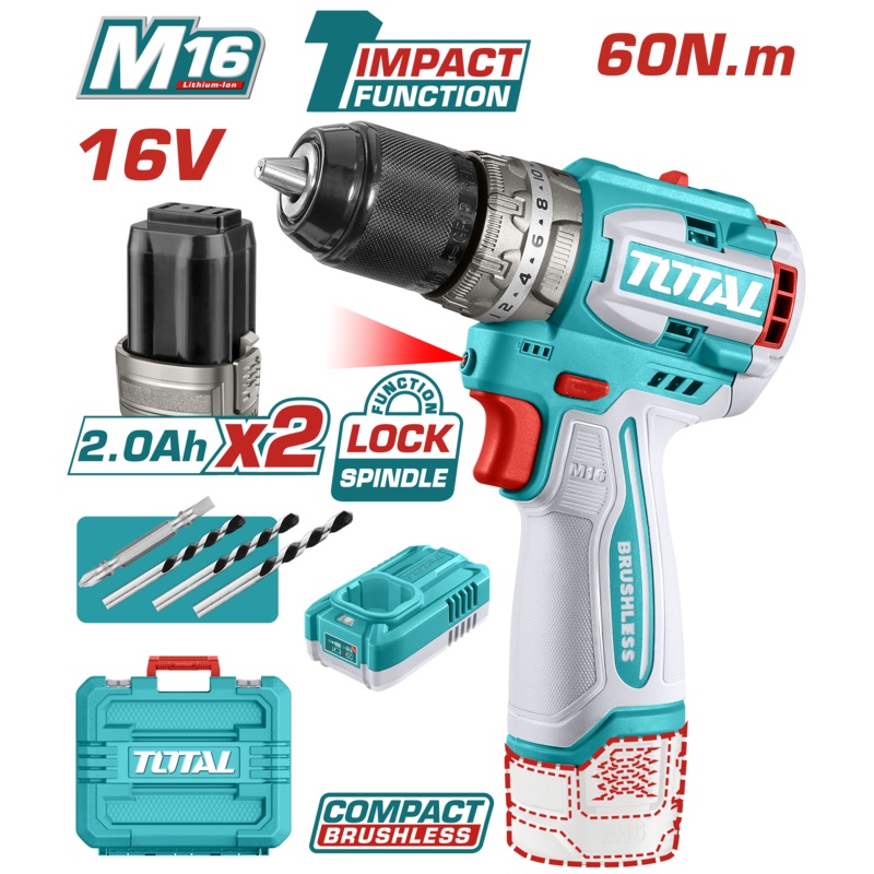 Total tools Brushless Cordless Impact Drill 13 mm 60 N.m 16 volt 2 Ah. + 2 battery and charger - TIDLI16682