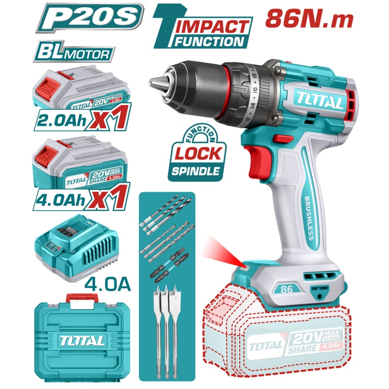 Total tools Brushless cordless impact drill 20 volt 86 N.m  battery and charger 4 Ah. + battery 2 Ah + Accessories set  - TIDLI20868