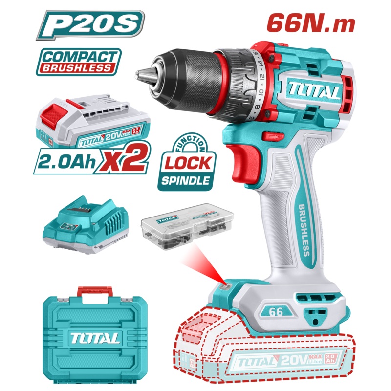 Total tools Compact Brushless Cordless Drill 20 volt 66 N.m + 2 battery and charger -TDLI20668