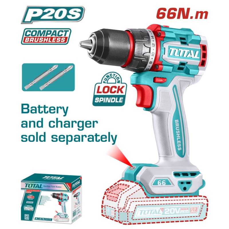 Total tools Compact Brushless Cordless Drill 20 volt 66 N.m without battery and charger - TDLI206681