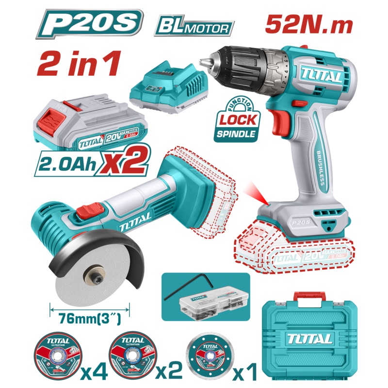Total tools Cordless 20 volt 2 Ah. combo kit ( drill 52 N.m + angle grinder 3" + 2 battery and charger ) - TCKLI20278