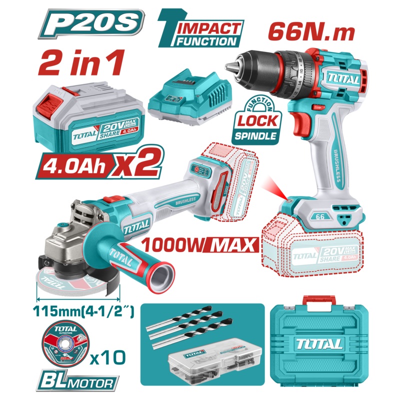 Total tools Cordless 20 volt combo kit ( impact drill 66 N.m + angle grinder 4.5" + 2 battery and charger ) - TCKLI20273