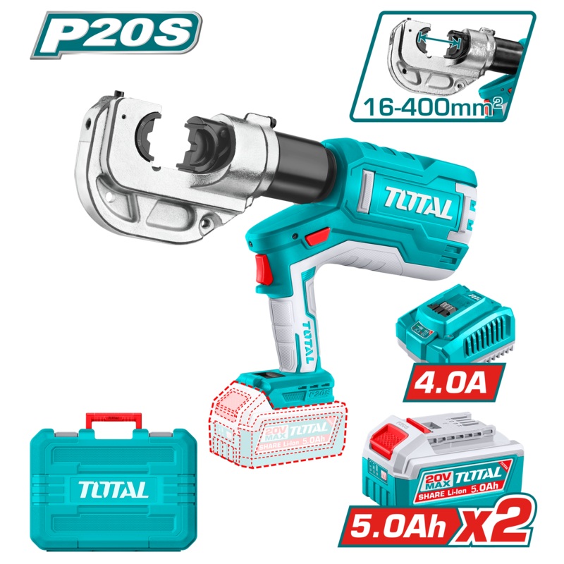 Total tools Cordless hydraulic crimping tool 16 : 400 mm 20 volt 4Ah. + 2  battery and charger - TCTLI2005
