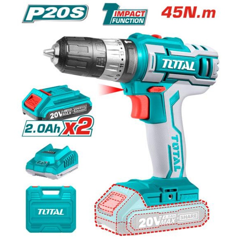 Total tools Cordless impact drill 45 N.m 20 volt + 20 battery and charger  - TIDLI200215
