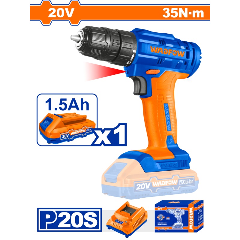 Wadfow Lithium-Ion Cordless Drill Cordless drill With 1 Battery And Charger 20V-WCDP511