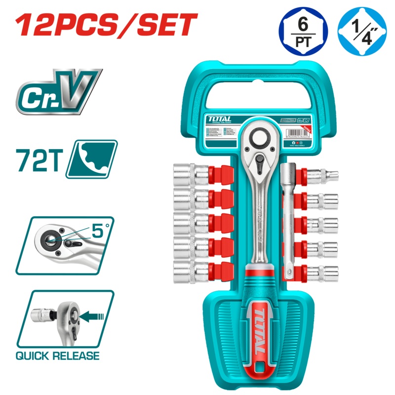 Total tools 12 Pcs 1/4" socket set 5: 14 mm + ratchet handle  - THT14114126