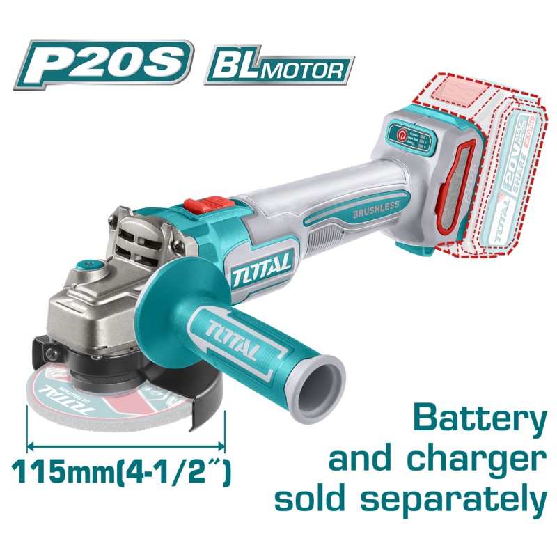 Total tools Lithium-Ion Brushless angle grinder 20 v   4.5 " without Battery and charger -TAGLI21154