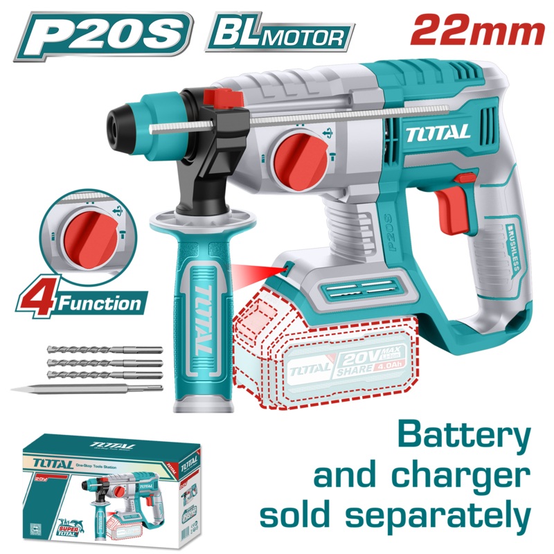 Total tools Lithium-Ion Brushless rotary hammer 20v 22 mm without battery and charger -TRHLI20208
