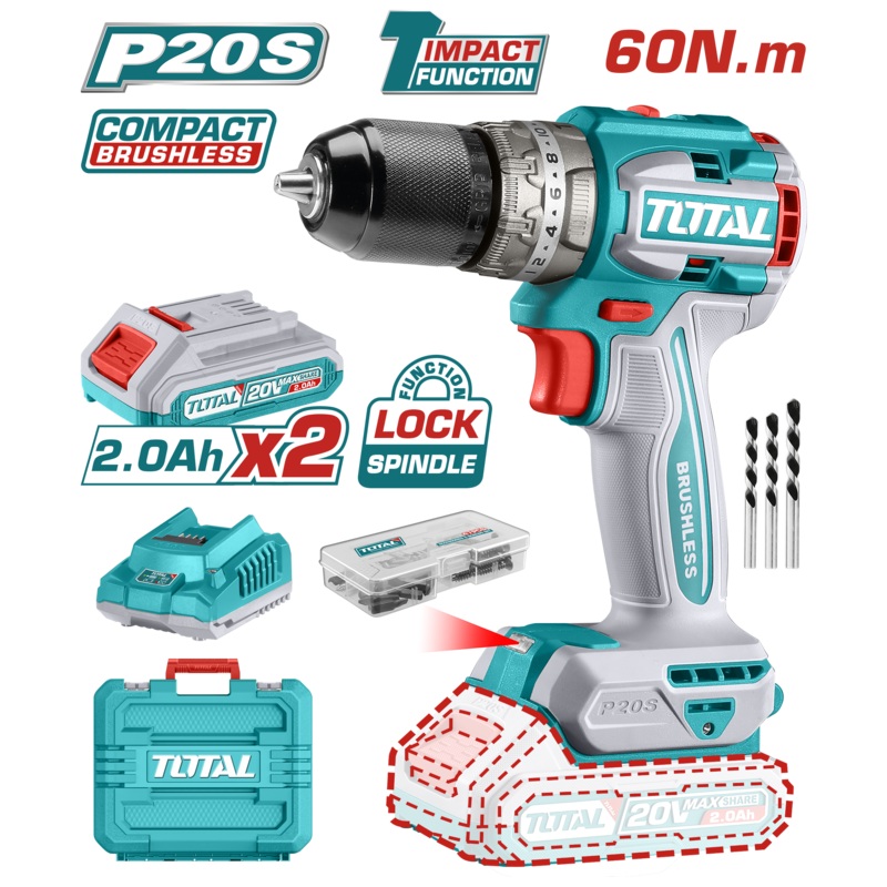 Total Tools Lithium-Ion compact brushless impact drill 20V With 2 Pcs 2.0Ah battery and 1 Charger-TIDLI20602