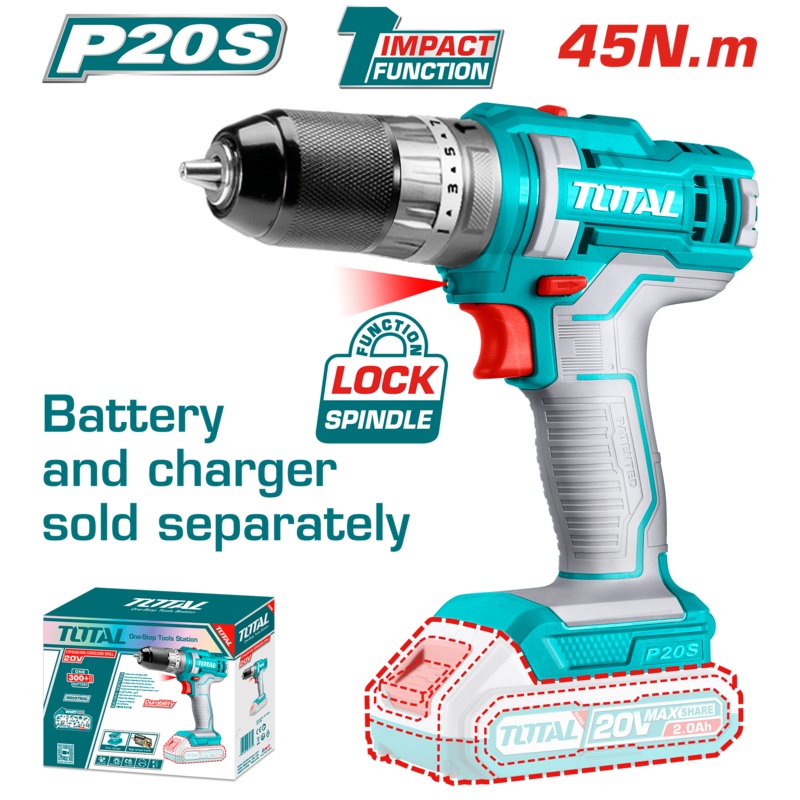 Total tools Lithium-Ion impact drill 20v 45NM - Metal chuck without Battery and charger -TIDLI201455
