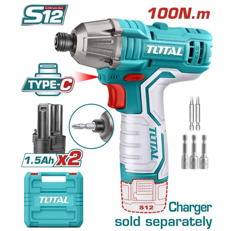 Total tools Lithium-ion impact wrench 12 V -  1/4" 100 NM + 2 pcs 1.5Ah battery   TIRLI12015