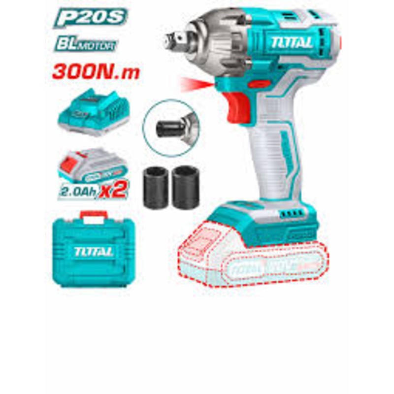 Total tools Lithium-ion impact wrench 20 V - 1/2" 300 NM + 2 pcs 2.0Ah battery + charger  TIWLI2038