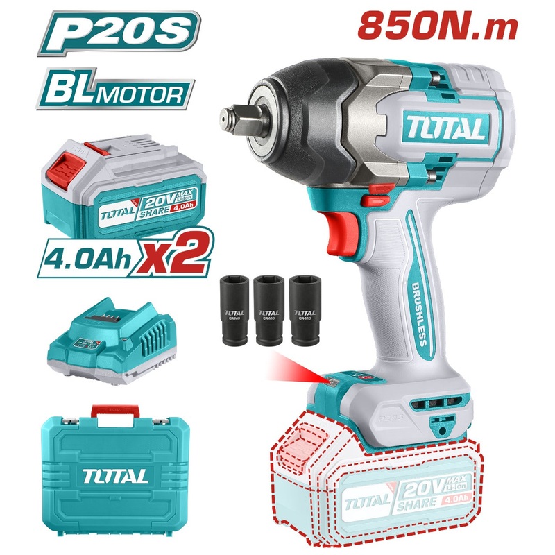 Total tools Lithium-Ion impact wrench 20V Brushless motor 850 NM 1/2" With 2 Pcs 4.0Ah battery +1 Pcs charger-TIWLI2085