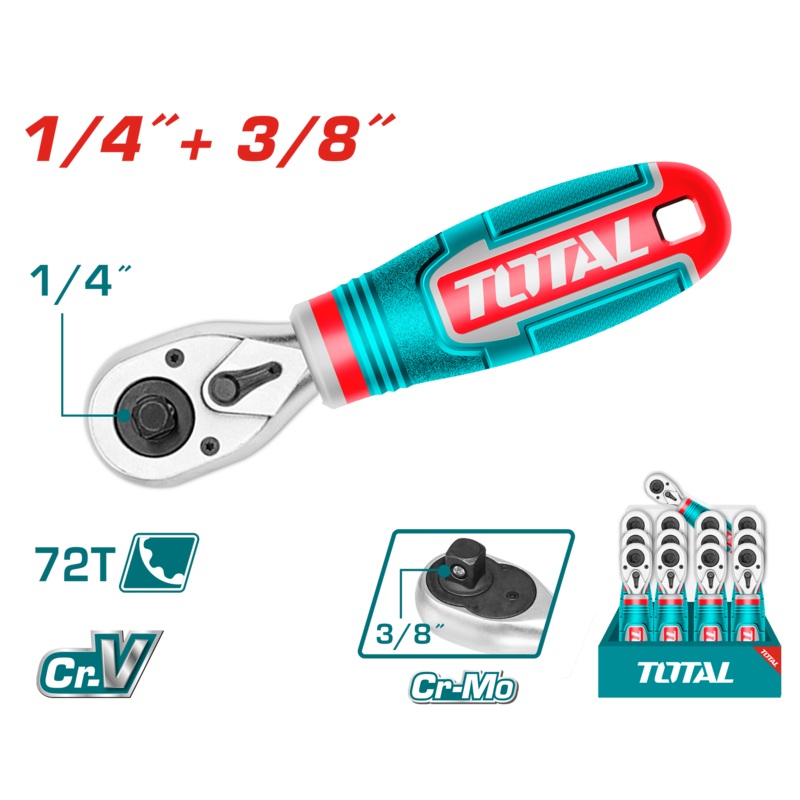 Total tools Stubby ratchet handle 1/4" + 3/8" 72T -THT1061438