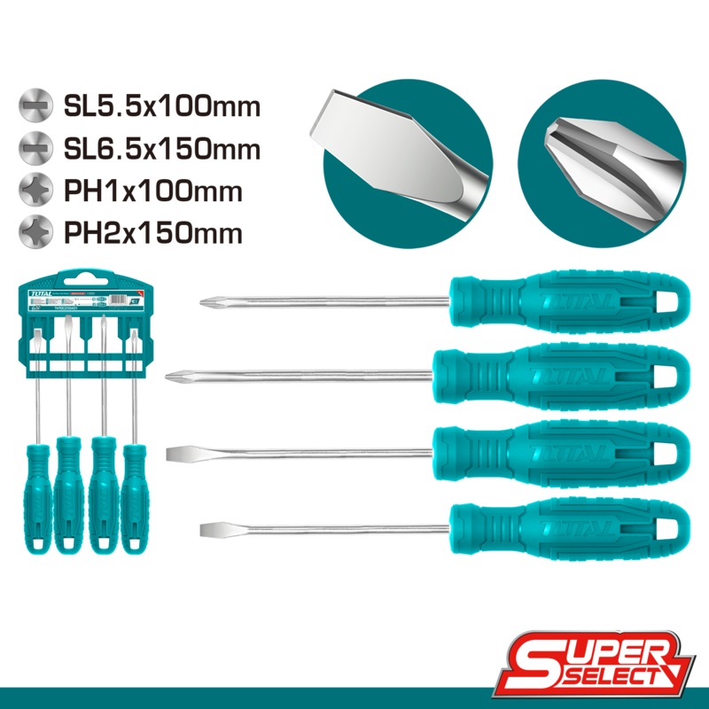 TOTAL TOOLS 4Pcs screwdriver set with plastic handle -THTDC250401