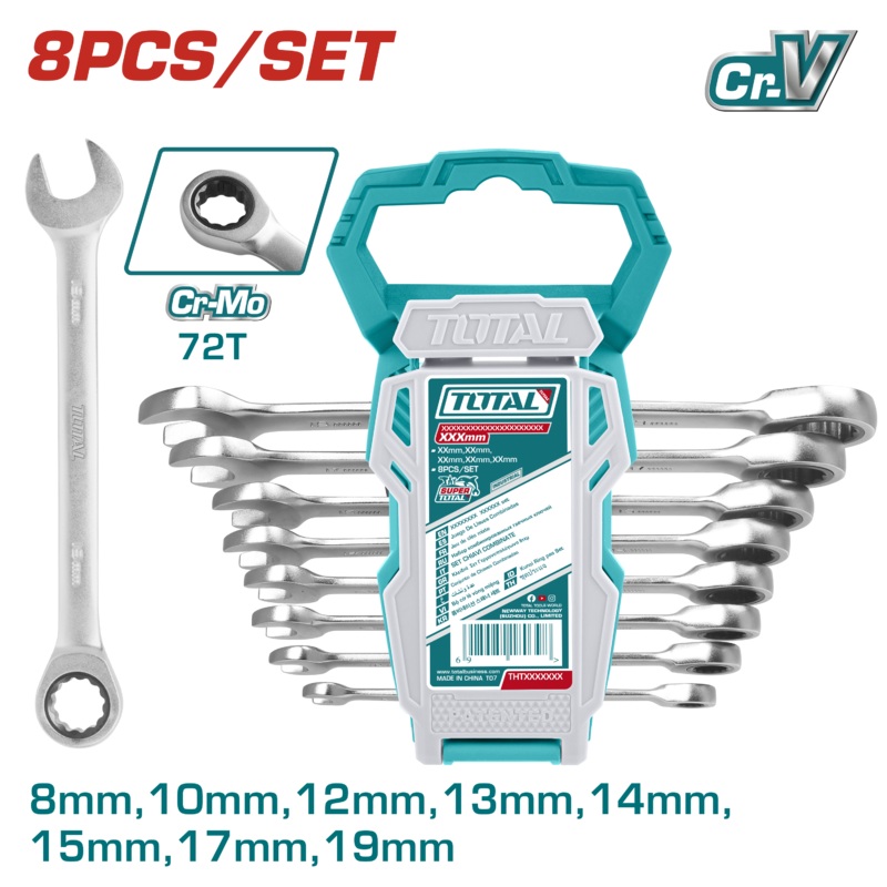 TOTAL TOOLS 8Pcs  ratchet spanner set frome Size 8 to 19mm -THT102RK086