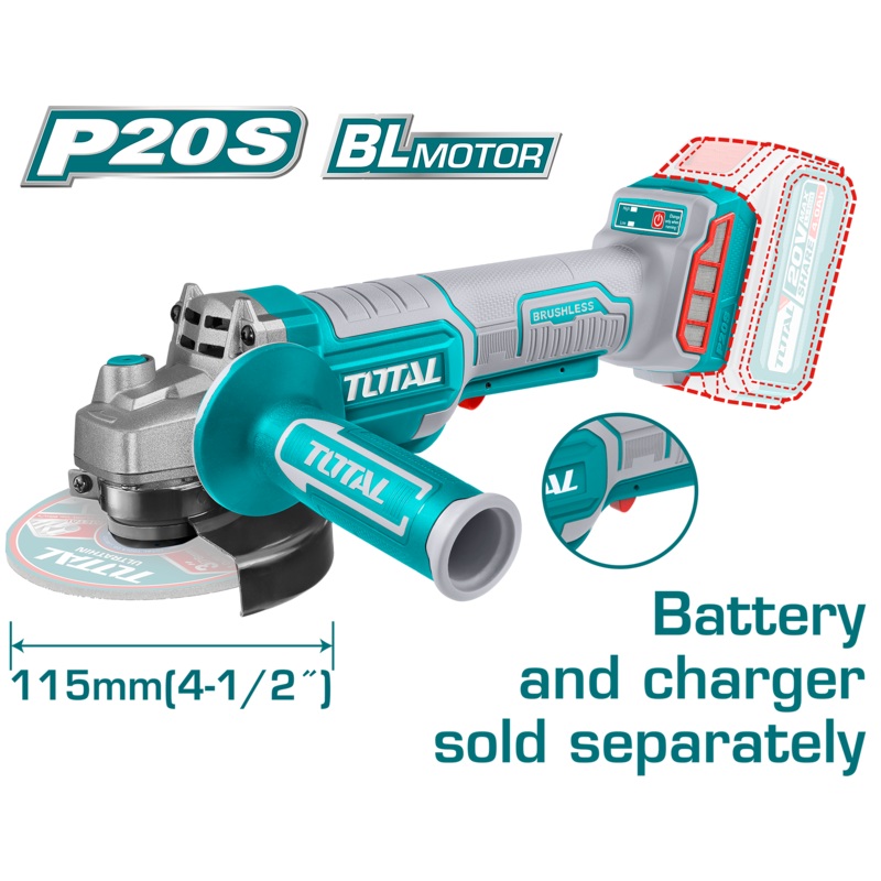 Total tools Lithium ion Angle grinder 4.5 Inch Brushless motor 20V Without Battery and charger -TAGLI211156