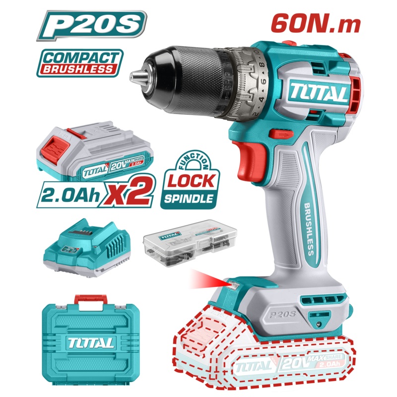 Total Tools Lithium-Ion compact brushless cordless drill 20V With 2 Pcs 2.0Ah battery And Charger 47 Pcs accessories-TDLI20602