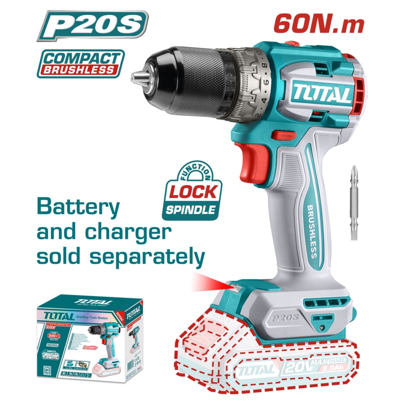 Total Tools Lithium-Ion compact brushless cordless drill 20V Without battery And Charger-TDLI206021
