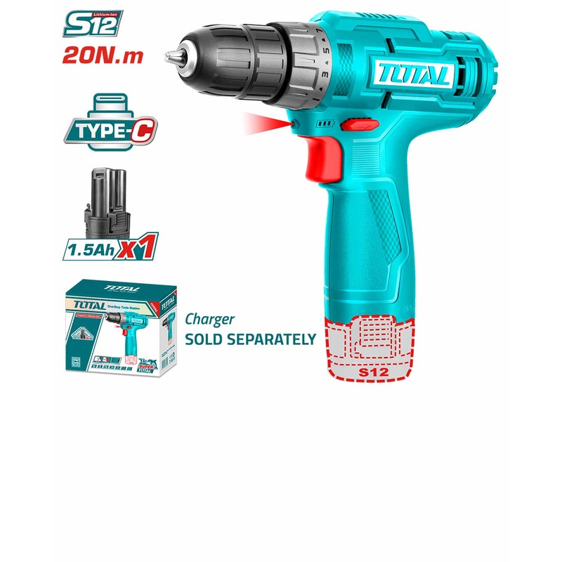 Total Tools Lithium-Ion cordless drill 12V USB type-C-TDLI12428