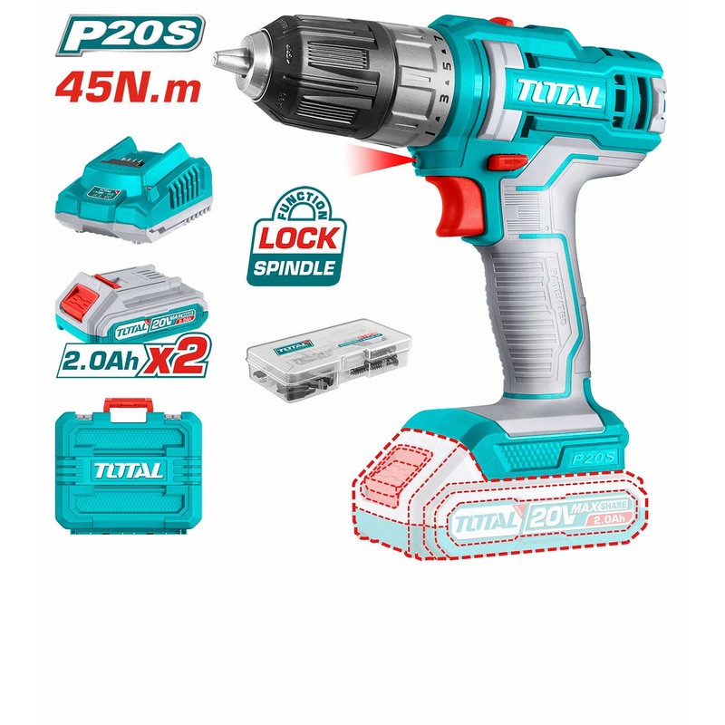 Total Tools Lithium-Ion cordless drill 20V- With 2 Pcs 2.0Ah battery And 47 Pcs accessories/TDLI200528