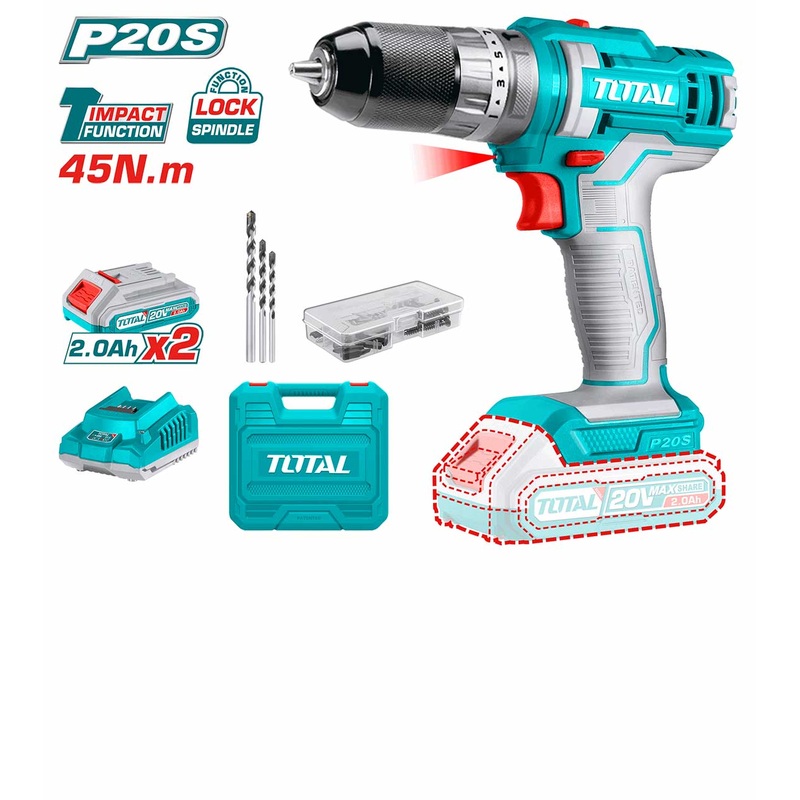 Total Tools Lithium-Ion impact drill 20V with 2 Pcs 2.0Ah battery pack And charger -TIDLI201452