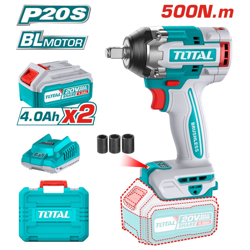 Total Tools Lithium-Ion impact wrench 20V Brushless motor With 2 Pcs 4.0Ah battery pack And 1 Pcs charger-TIWLI2050