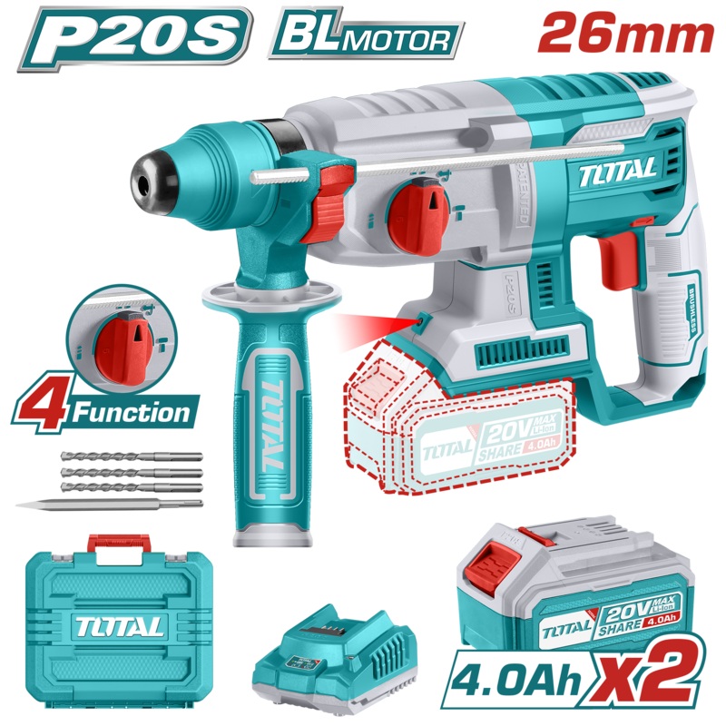 TOTAL TOOLS Lithium-Ion Rotary hammer Brushless 20V With 2 Pcs 4.0Ah battery and 1 PCS charger-TRHLI202287