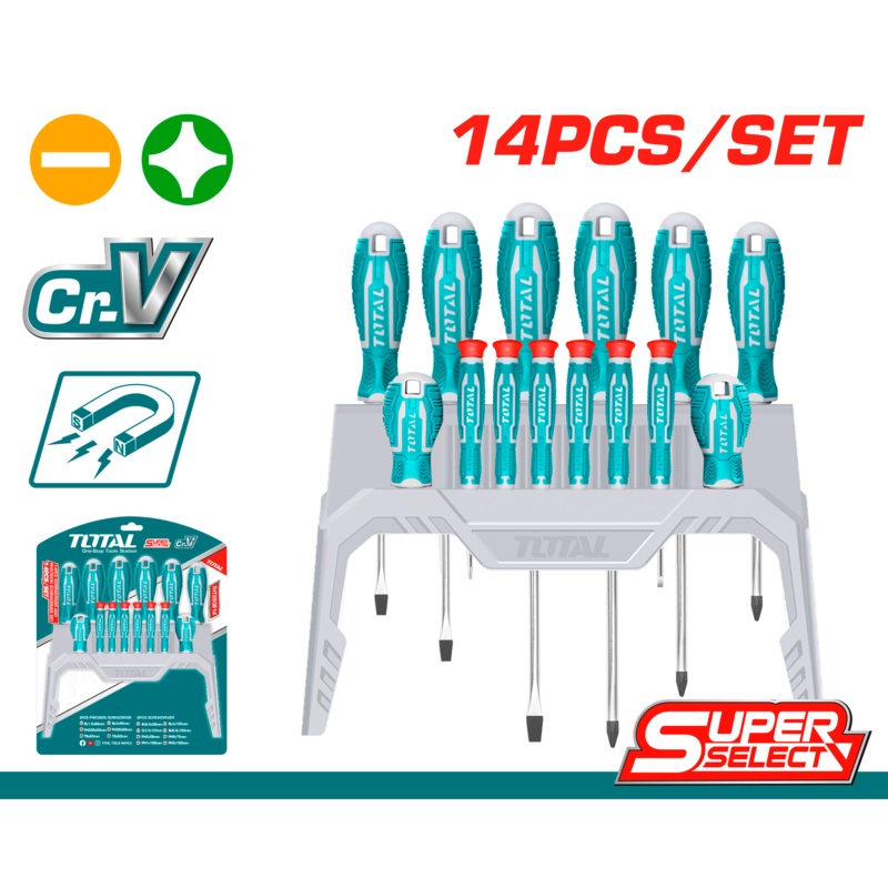 TOTAL TOOLS 14Pcs screwdriver and precision screwdriver set with plastic and rubber handle - THT250614