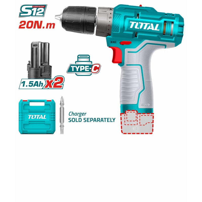TOTAL TOOLS Lithium-Ion cordless drill 12V WITH 2 Pcs 1.5Ah battery pack/TDLI12202