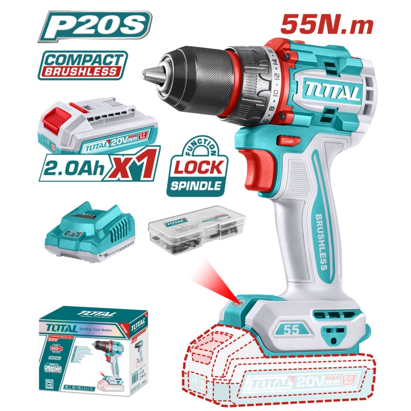 Tools Lithium-Ion Compact Brushless Cordless Drill 55 NM ith 1Pcs 2.0Ah And Charger And 47 Pcs accessories -TDLI205582