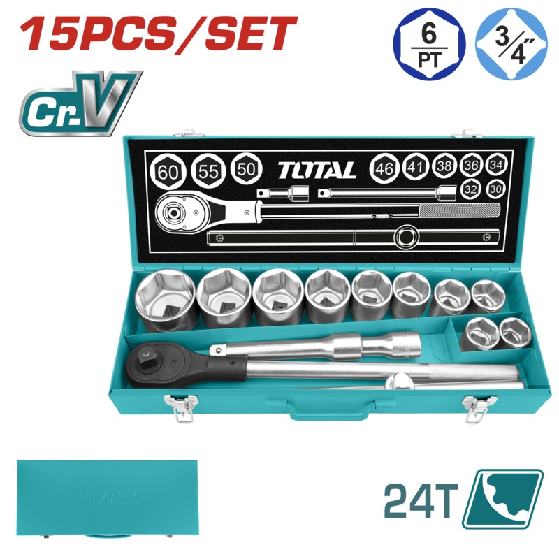 Total tools 15 Pcs 3/4" socket set 30 : 60 mm , metal box  - THT341151