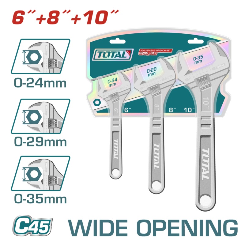 Total tools 3 Pcs adjustable wrench set ( 6" , 8" , 10" ) - THTK1013