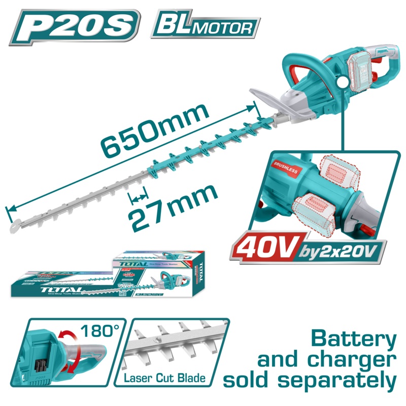 Total tools Brushless  Cordless hedge trimmer 26 inch 40 V  , 650 mm , without battery and charger - THTLI40028