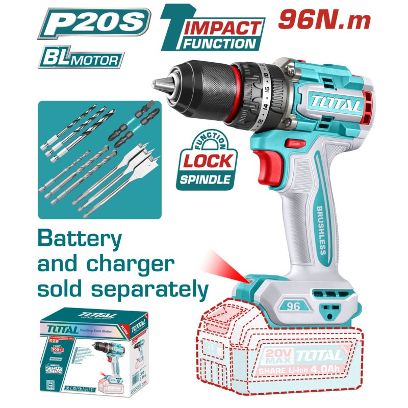 Total tools Brushless cordless impact drill 20V 96 N.m without Battery and charger  - TIDLI209681