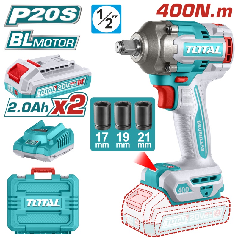 Total tools Cordless impact Brushless wrench 1/2 inch 20V 400 NM + 2 pcs 2.0Ah   battery And Charger-TIWLI2040