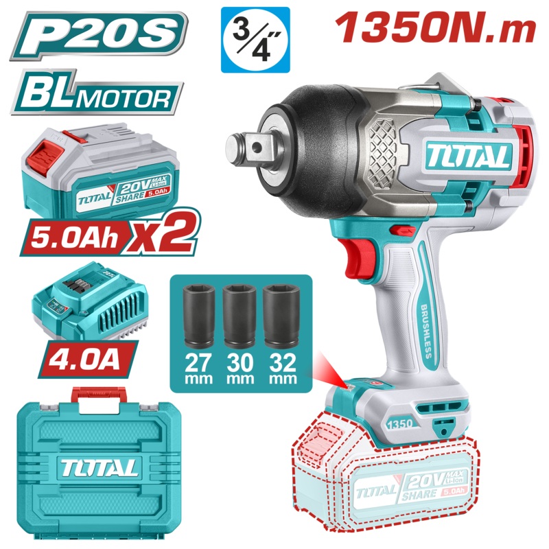 Total tools Cordless impact Brushless wrench 3/4 inch 20V 1350 NM  with 2Pcs 5.0Ah And Charger -TIWLI20135