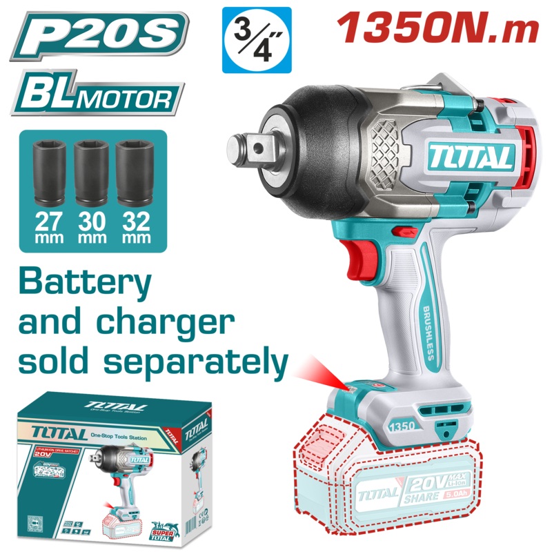 Total tools Cordless impact Brushless wrench 3/4 inch 20V 1350 NM Without Battery And Charger-TIWLI201351