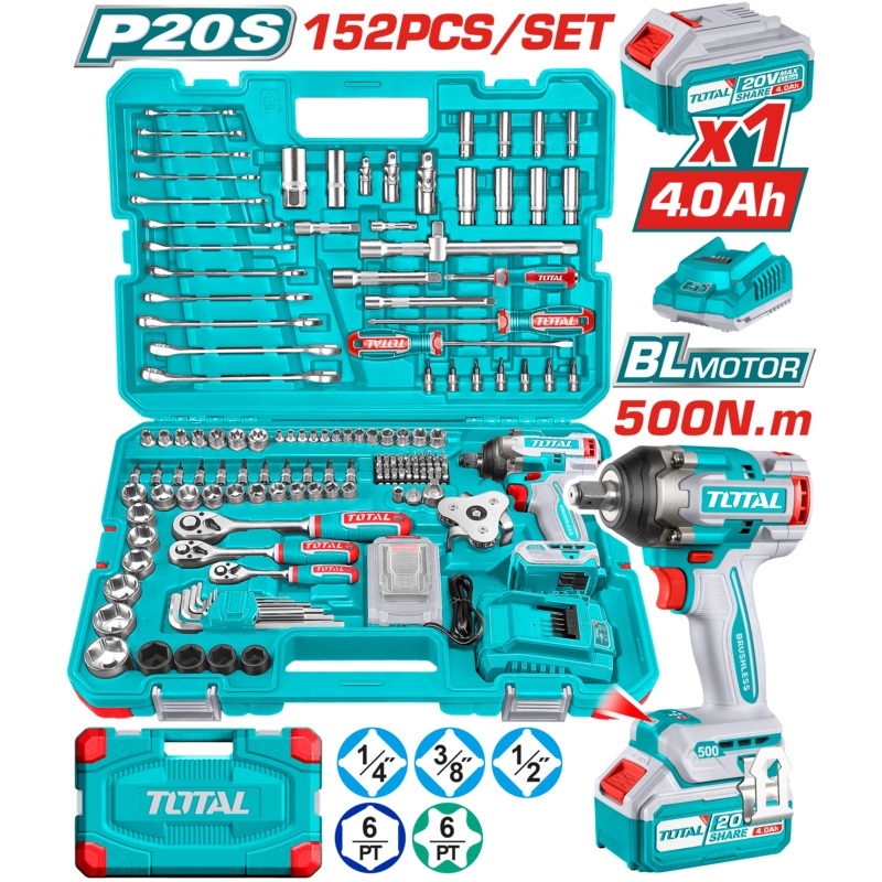 Total tools Cordless impact wrench 500 N.M 1/2 inch , 152 Pcs tools set  - THKTHP31522