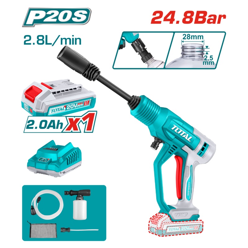 Total tools Cordless pressure washer 20V , 24.8 Bar + Battery and charger - TPWLI20362