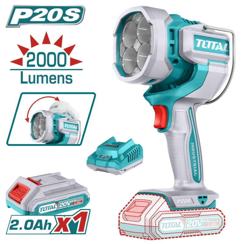 Total tools Cordless work lamp 2000 Lumens , 20 volt + battery and charger  - TWLI20881