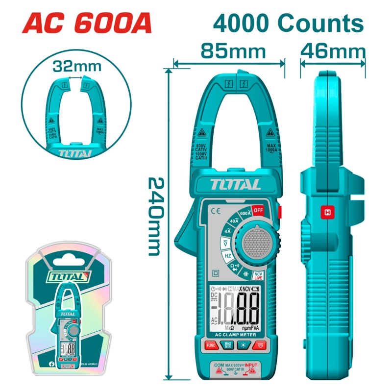 Total tools Digital AC clamp meter 600 Ah. - TMT766001
